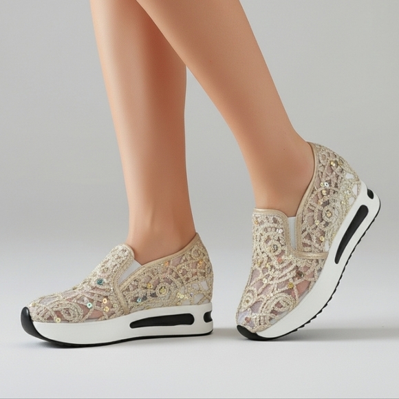 Women's Glitter Sequins Decor Sneakers Breathable Mesh Inner Wedge Heele… - Picture 1 of 3